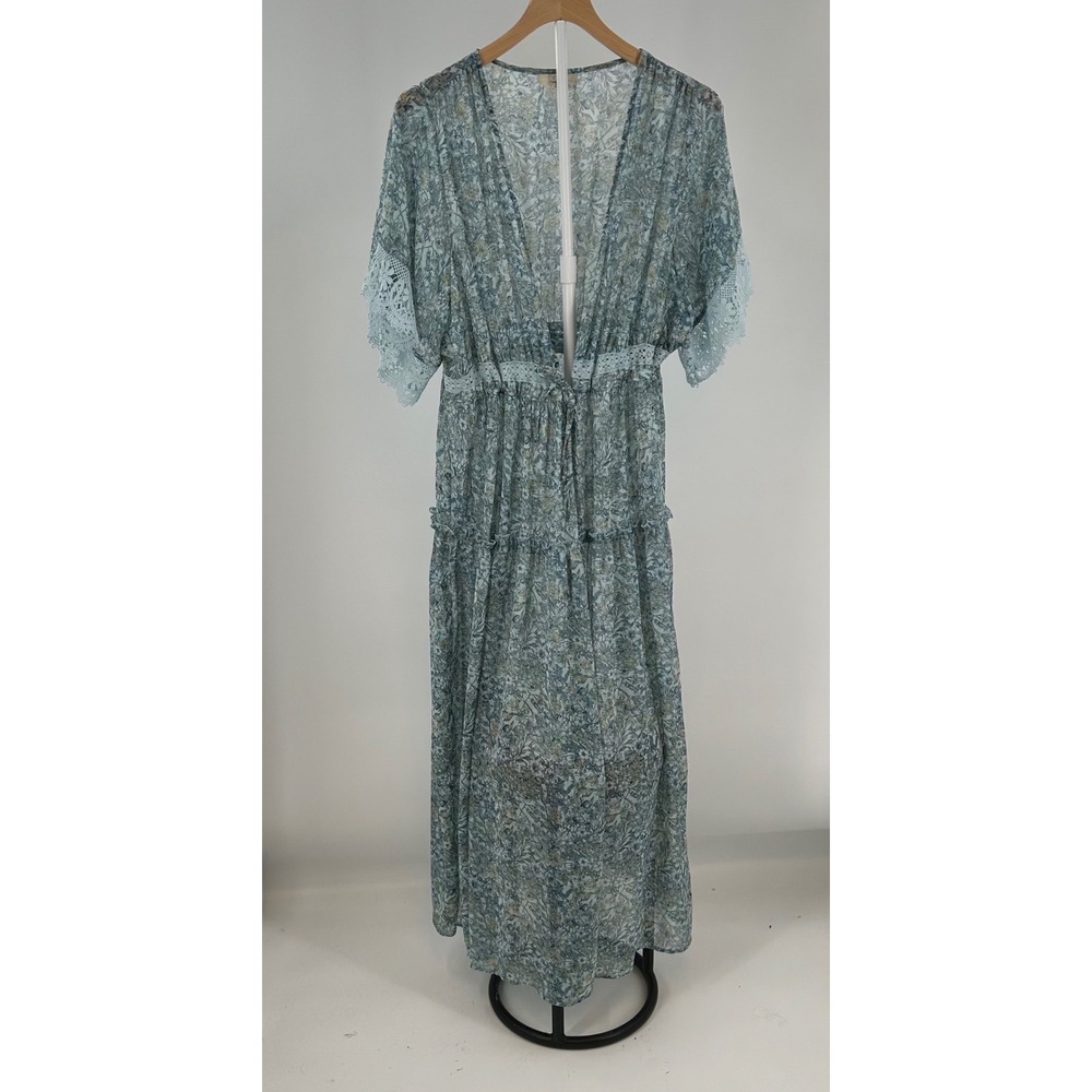 C&V‎ Blue Floral Lace Trim Open Front Maxi Cardigan Kimono XL Cottagecore Flow